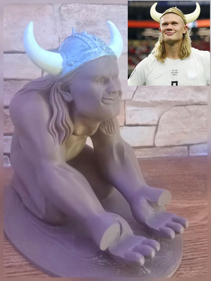 A detailed 3D printer creation of a Viking-helmeted figure, next to a picture of Erling Haaland wearing a similar helmet.