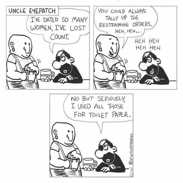 Funny cartoons featuring Uncle Eyepatch humorously discussing his past relationships and restraining orders.