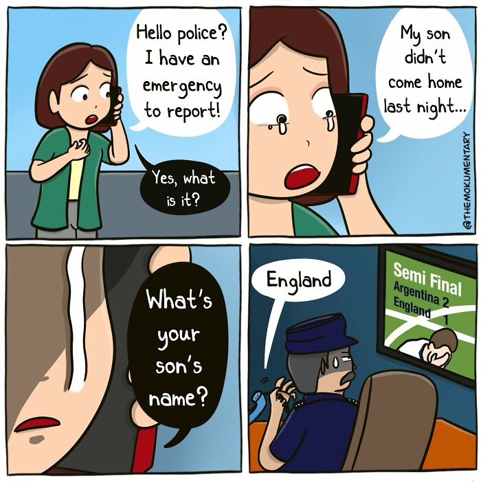 A comic from Mokumentary showing the awkward side of everyday life with a woman reporting her son missing after a football match.