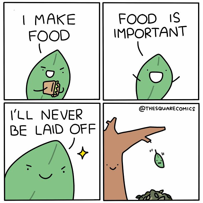 A comic strip about a leaf making food and saying it will never be laid off, then falling from the tree.