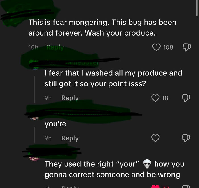 A social media screenshot shows a comment about fear mongering, followed by a know-it-all incorrectly correcting grammar.