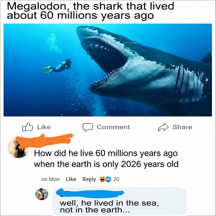 An image of a Megalodon shark with a comment thread of people correcting someone online about Earth's age.