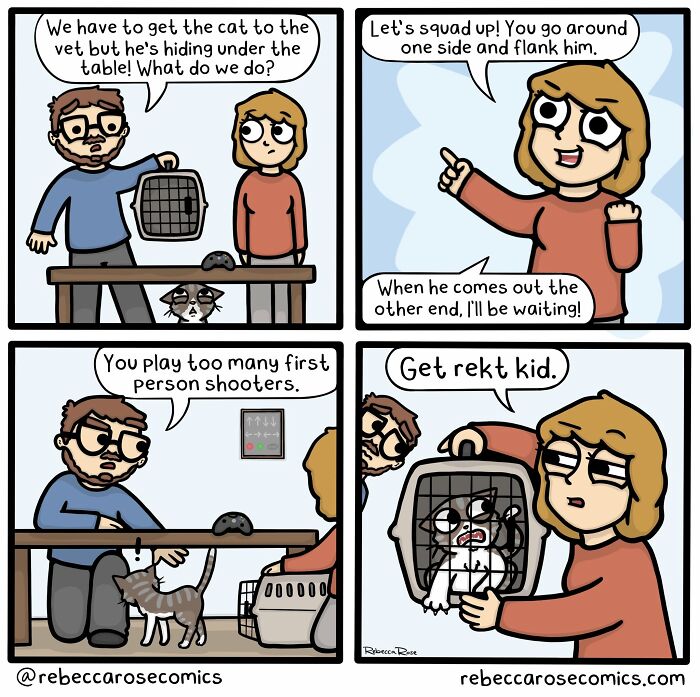 A Rebecca Rose comic about getting a cat to the vet, showcasing life's awkward moments and laugh-out-loud situations.
