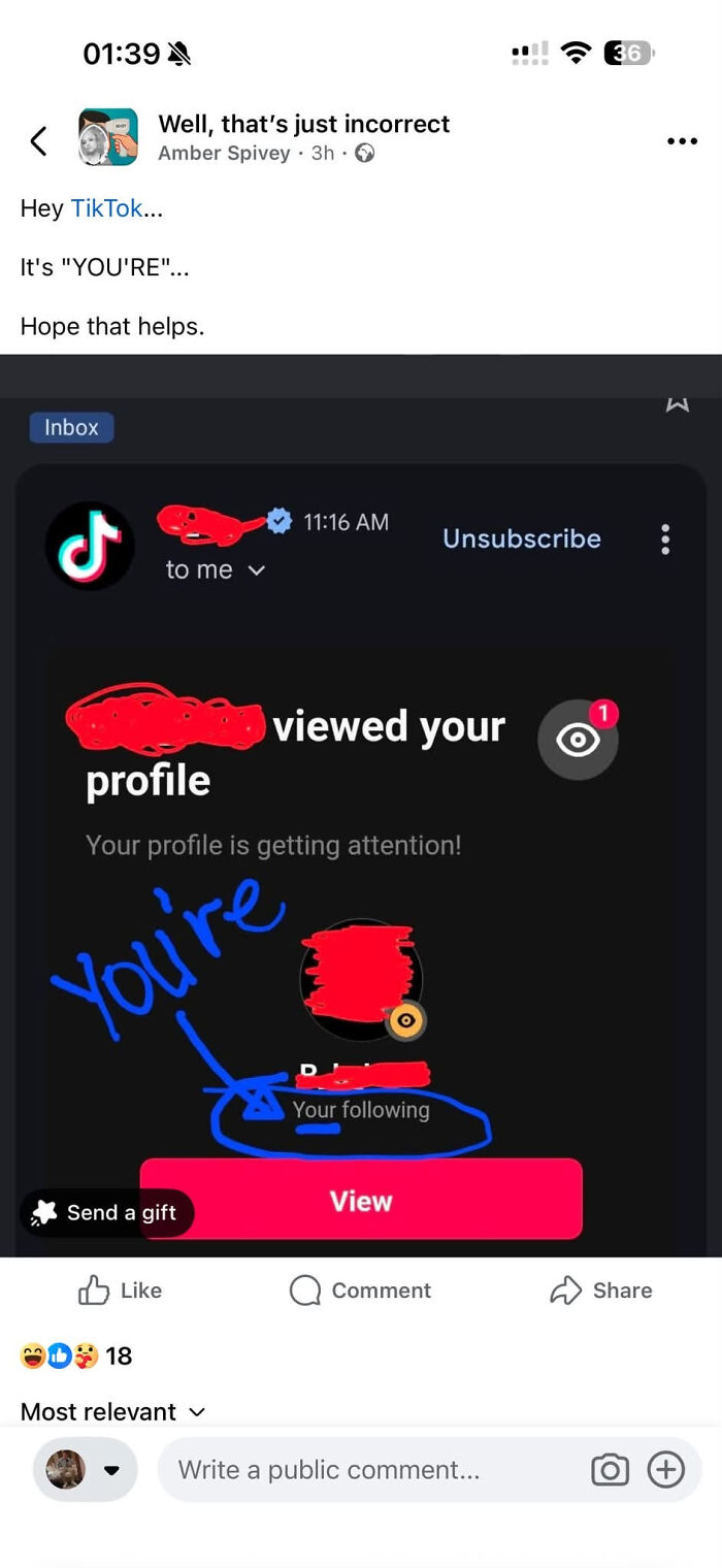 A funny know-it-all example of someone correcting TikTok's grammar, saying It's YOU'RE.