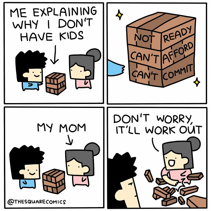 A comic strip about a person explaining why they don't have kids, listing reasons like not ready and can't afford.