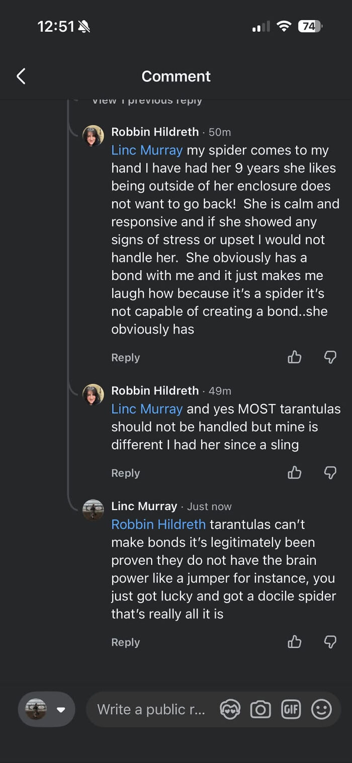 A Know-It-All corrects a user about tarantulas forming bonds, explaining it's luck not affection.
