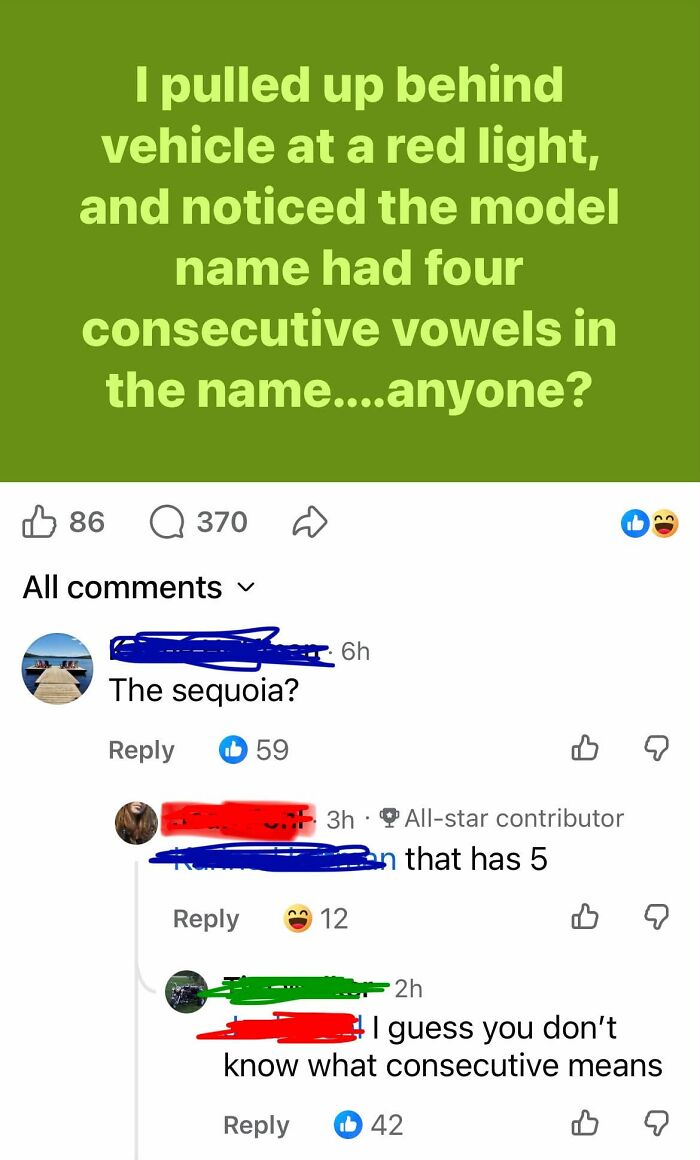 A social media post about a vehicle with four consecutive vowels in its name, and an online correction.