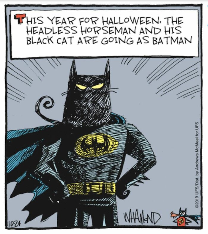 Dave Whamond cartoon featuring a black cat dressed as Batman with glowing yellow eyes.