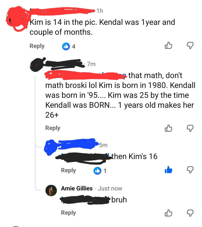 A social media screenshot displays a know-it-all correcting someone's math about ages in a photo.