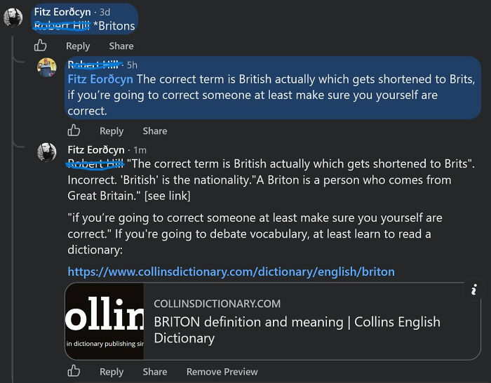 A social media screenshot shows a know-it-all providing a dictionary link to correct someone about the term Briton.
