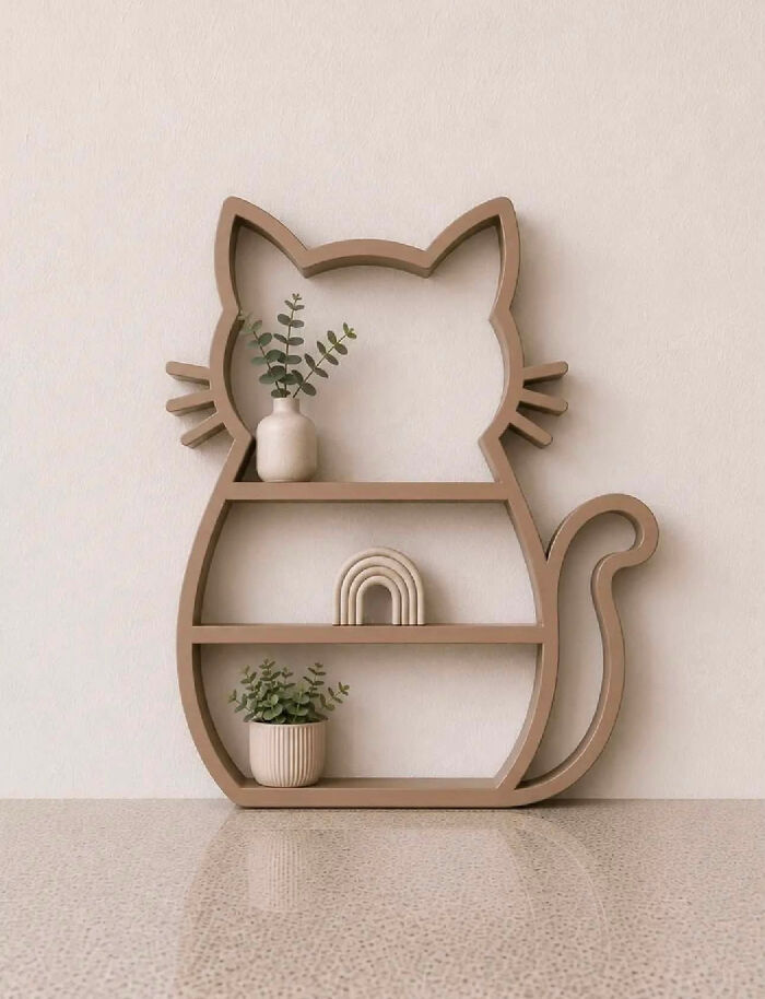 A stylish cat-shaped 3D printed wall shelf holding small decorative plants and a miniature rainbow, adding charm to a room.
