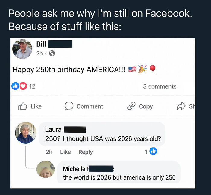 A social media screenshot shows a know-it-all correcting the age of America in a birthday post.