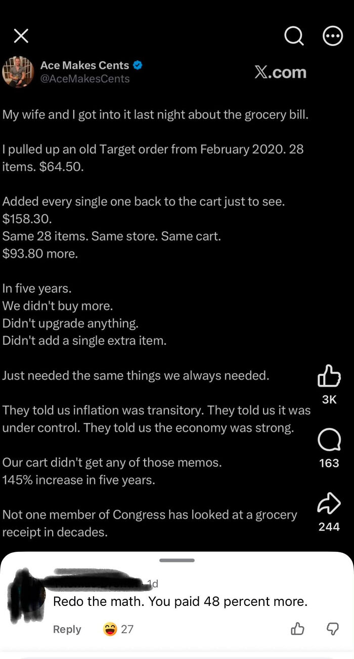 A screenshot of a social media post with a know-it-all comment correcting grocery bill math.