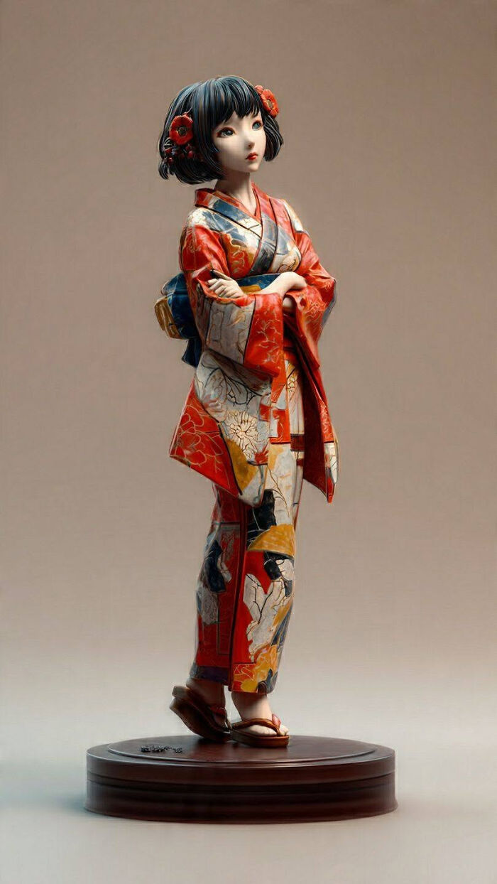 An intricately designed 3D printer creation of a woman in a traditional Japanese kimono.