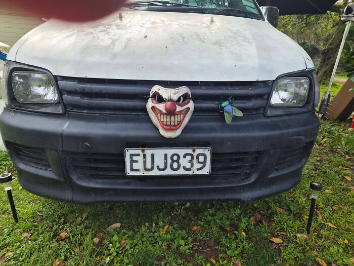 A white van with a scary clown face and a large green fly attached to the front grill, a unique 3D printer creation.