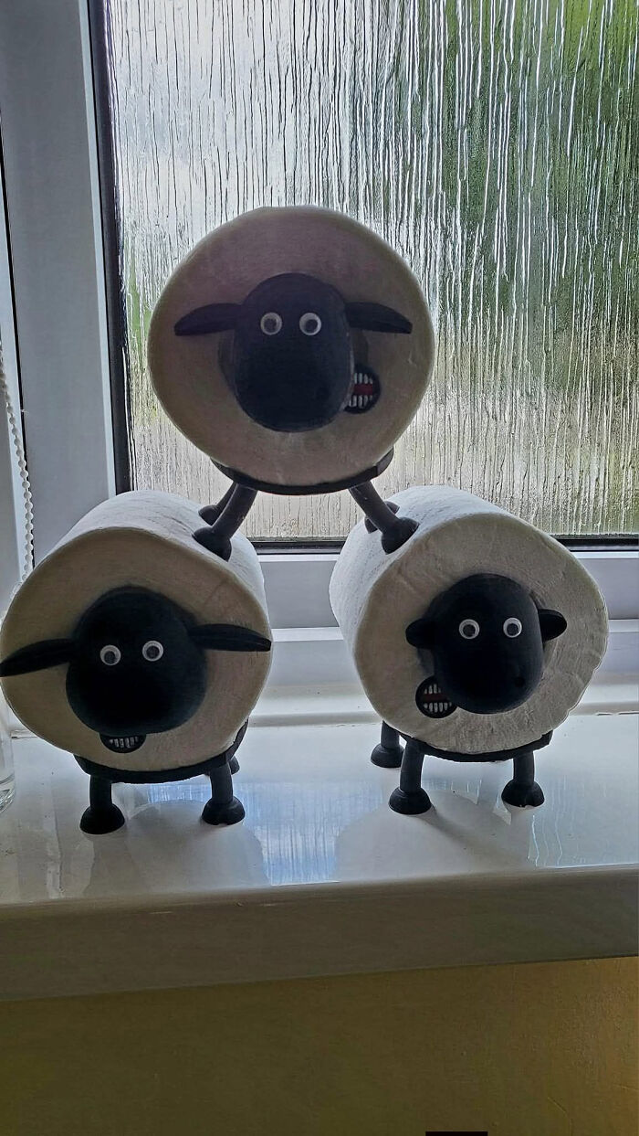 Three Shaun the Sheep inspired toilet paper holders, fun and useful things created with a 3D printer.
