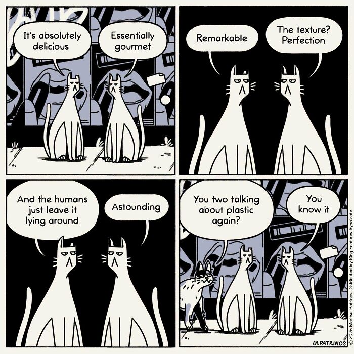 Cartoon of cats with jobs, discussing how delicious plastic is.