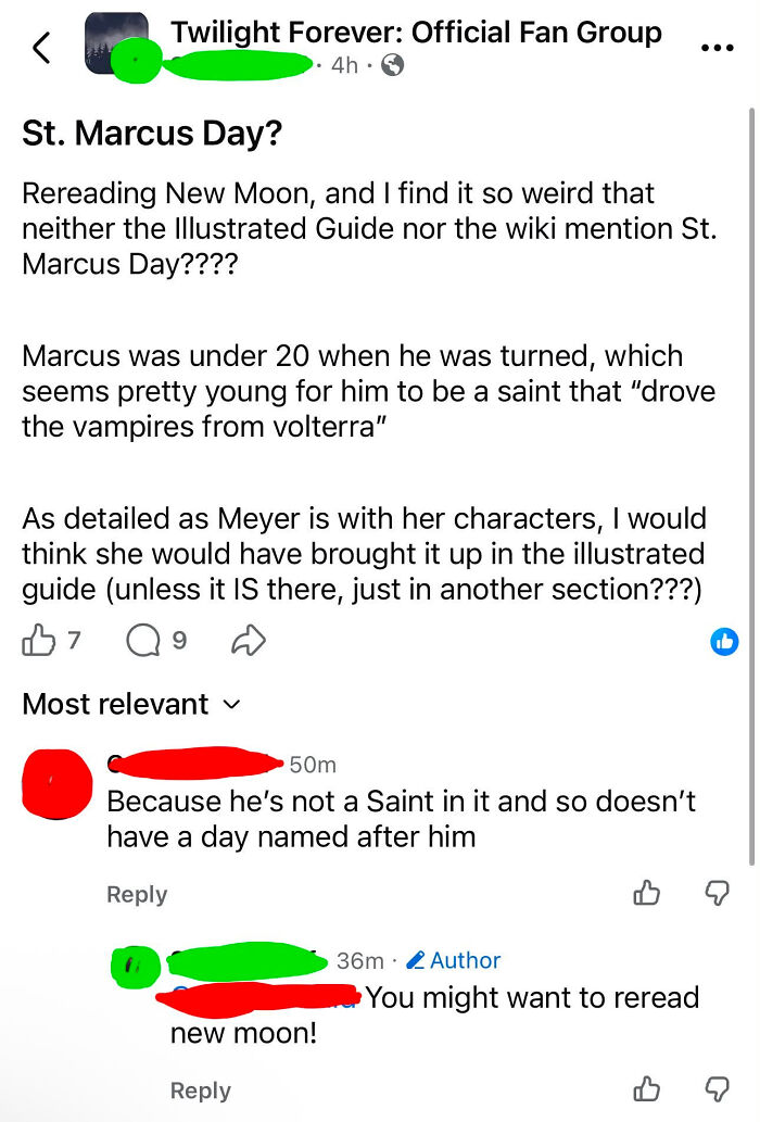 A social media post about Twilight lore, where a know-it-all corrects a user about a fictional saint.
