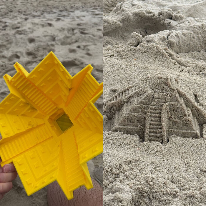 A yellow 3D printer sandcastle mold next to a detailed sand pyramid it created, a useful item.