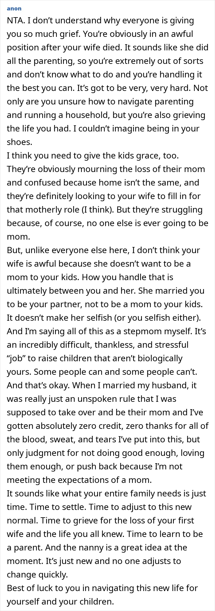 An anonymous Reddit comment, saying it's hard for the new wife to handle the kids and a nanny is a good idea. An anonymous Reddit comment, saying it's hard for the new wife to handle the kids and a nanny is a good idea.