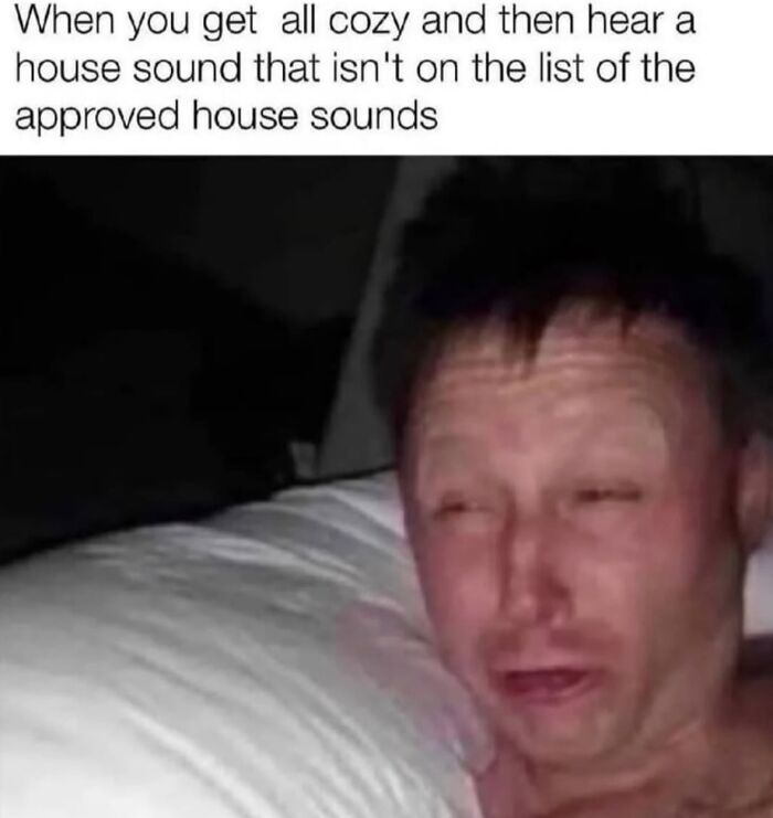 A relatable meme depicting a man with a disturbed expression in bed after hearing an unexpected house sound, boosting morale.