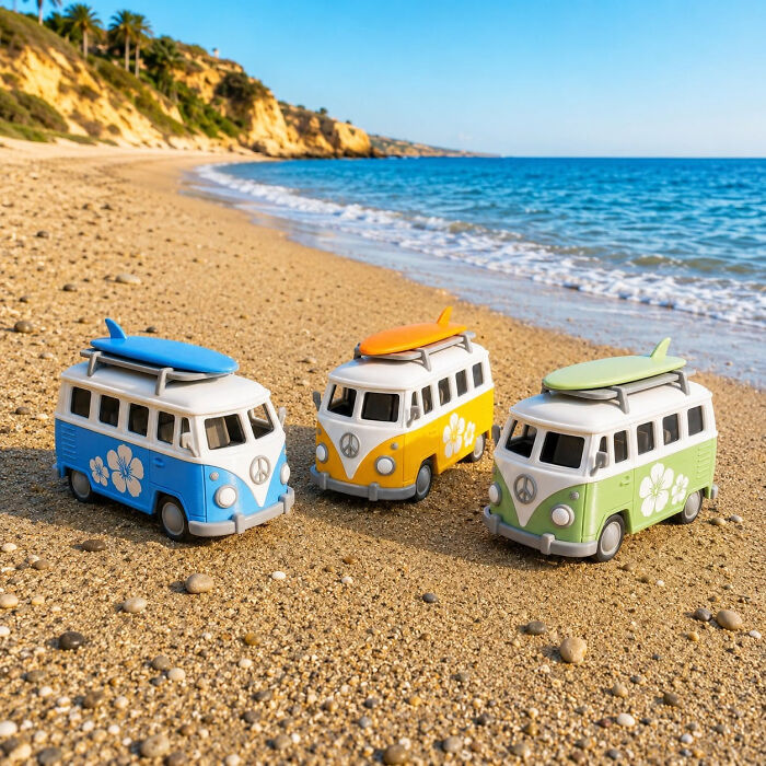 Three colorful miniature surf vans 3D printed on a sandy beach by the ocean. Cool 3D printed items.
