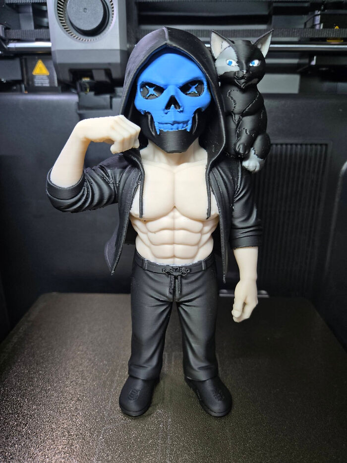 A muscular action figure with a blue skull mask and a black cat on its shoulder, a cool 3D printer creation.