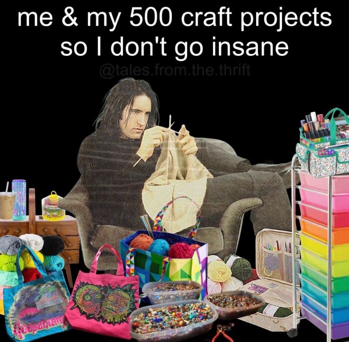 A relatable meme showing a person surrounded by craft projects, stating they are needed to avoid going insane, boosting morale.