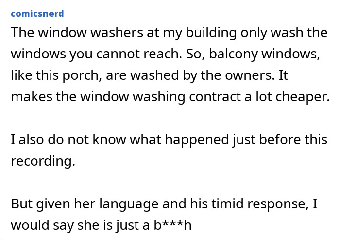 A screenshot showing a comment from comicsnerd, discussing window washing practices and the White Karen's villainous language. A screenshot showing a comment from comicsnerd, discussing window washing practices and the White Karen's villainous language.