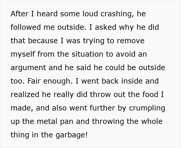 A true crime story waiting to happen: Text about a boyfriend throwing away food and crumpling a pan.
