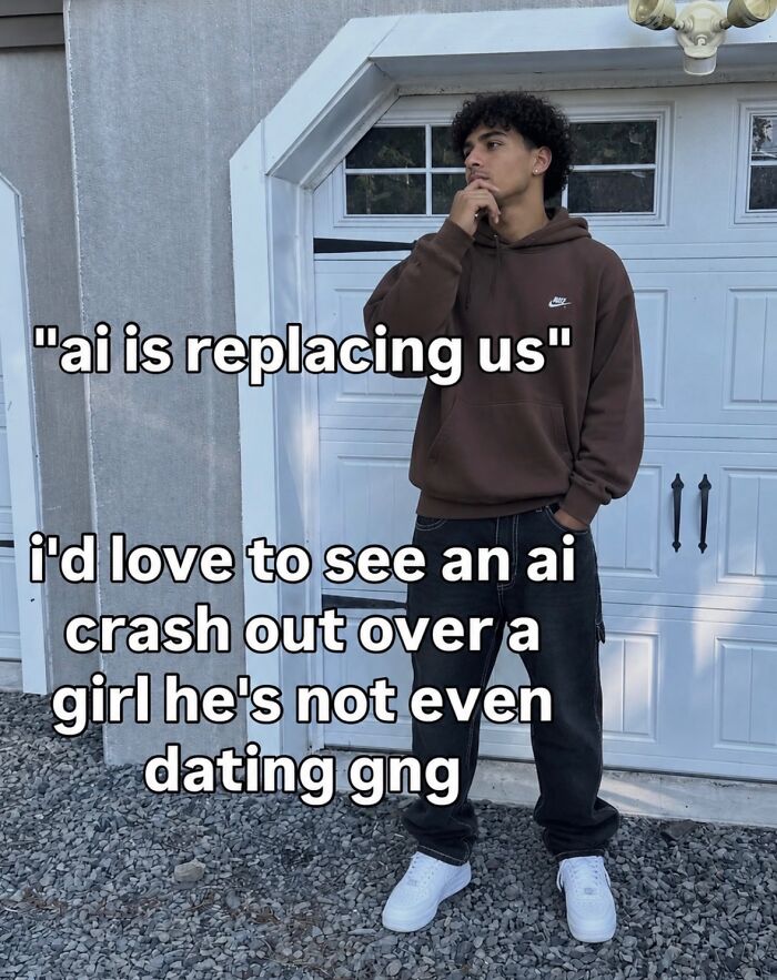 A relatable meme featuring a young man with a text about AI not replacing us regarding emotional struggles, boosting morale.