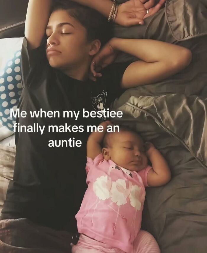A sleeping woman and baby, a relatable meme about becoming an auntie, perfect for hilarious memes.