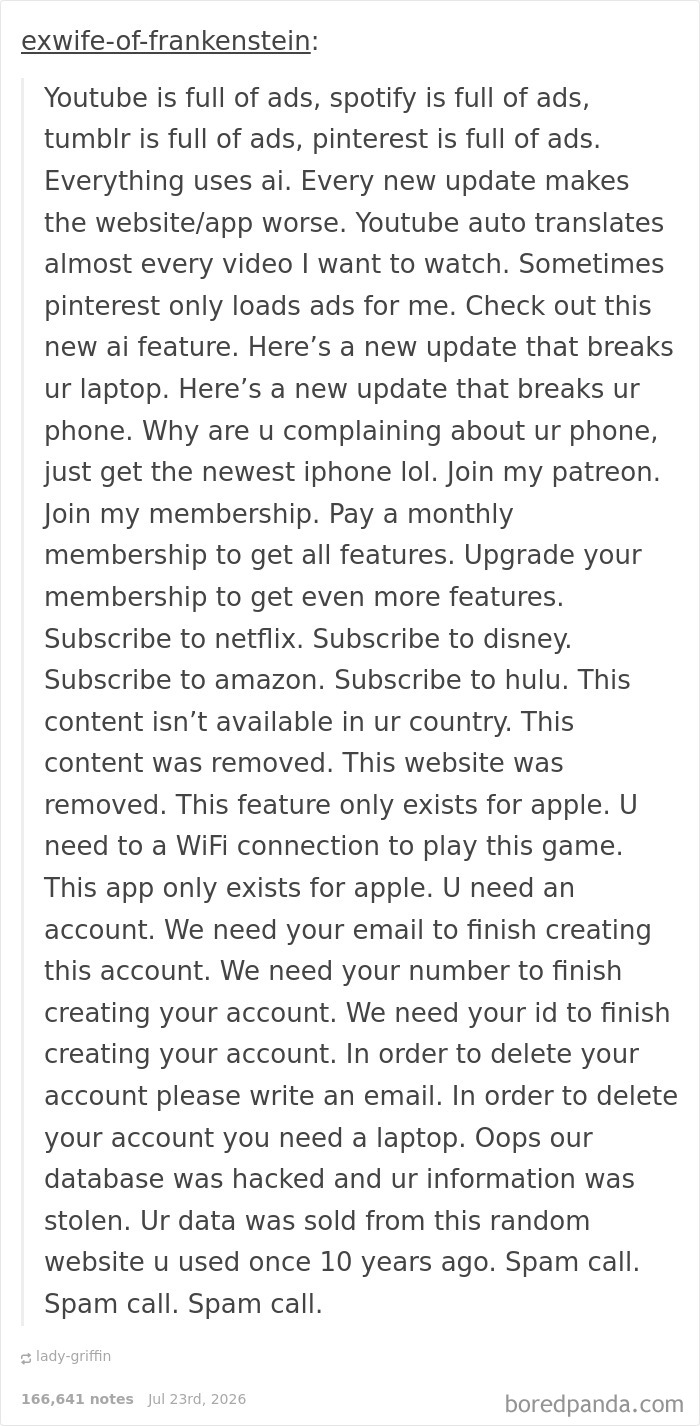 Text post detailing various consumerism frustrations like ads, subscriptions, and data breaches, illustrating 400% price difference.
