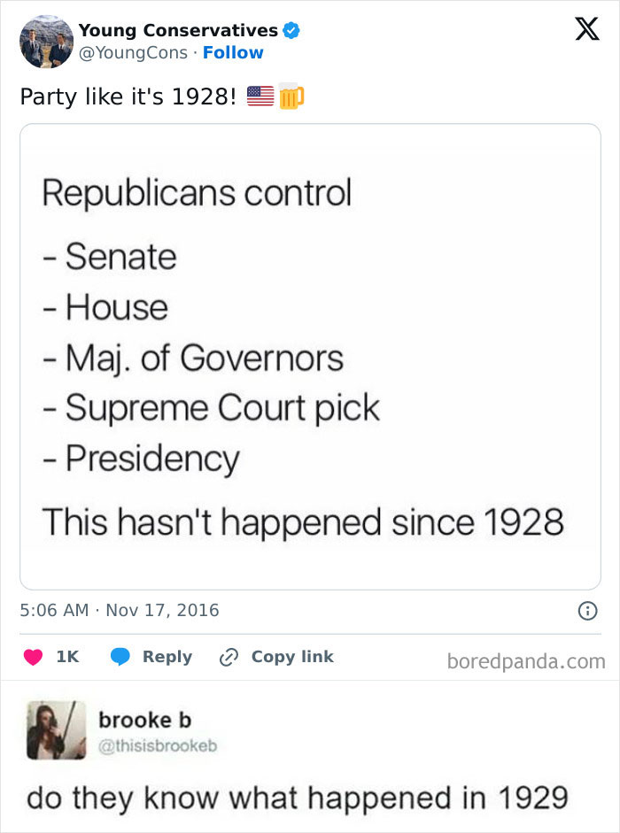 A history meme featuring a tweet about Republican control in 1928, with a humorous reply about 1929, making light of political history.