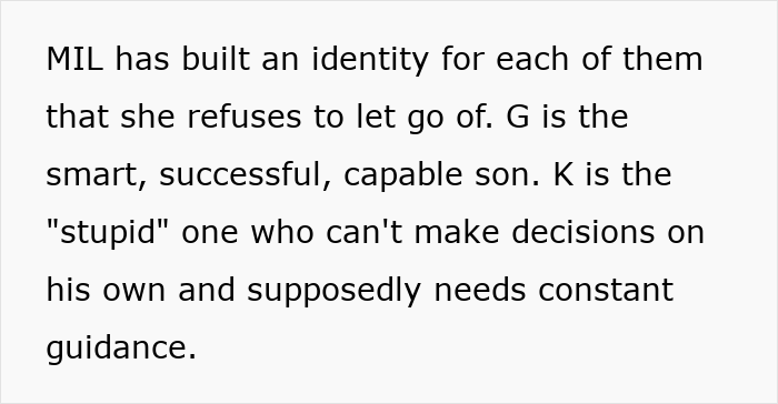 Text describing MIL's opinions on her golden son and other son, leading to family feud over childfree wedding. Text describing MIL's opinions on her golden son and other son, leading to family feud over childfree wedding.