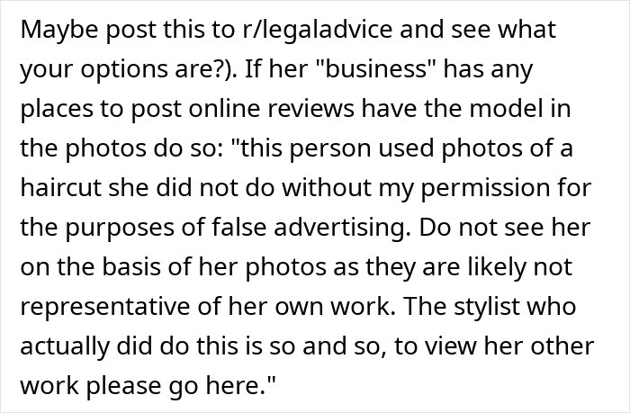 A screenshot of advice for a woman who trusted an older friend, suggesting posting on r/legaladvice and online reviews.