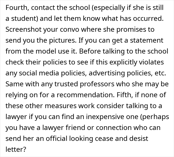 A screenshot displaying advice for a woman who trusted an older friend, recommending contacting the school and legal counsel.