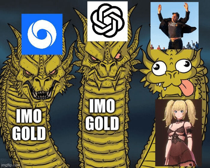 A funny meme with a three-headed dragon, two heads serious with IMO GOLD, and one goofy head with a jumping man and an anime girl, representing different aspects of AI.