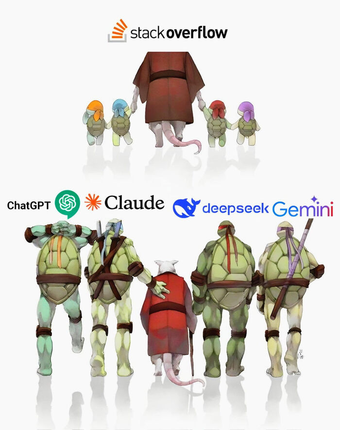 Funny AI meme showing various AI models as Ninja Turtles with Stack Overflow as Splinter.