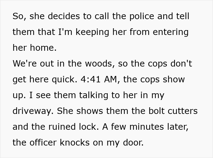 Text explaining Aunt calls police, falsely claiming denied entry to her home, shows bolt cutters to cops.