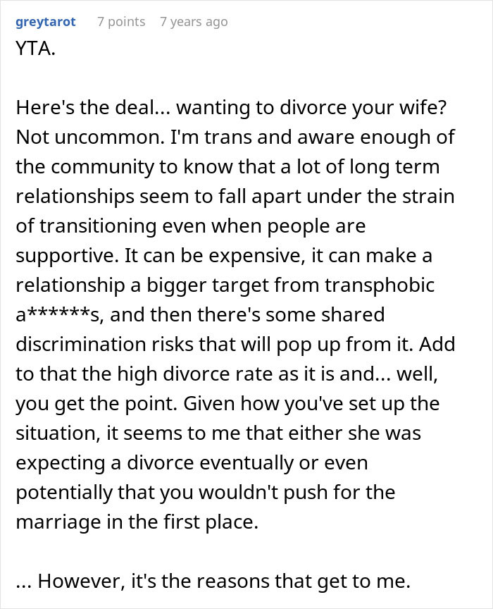 A Reddit comment about the strain of transition on relationships, especially for a woman in shock with a transitioning husband. A Reddit comment about the strain of transition on relationships, especially for a woman in shock with a transitioning husband.