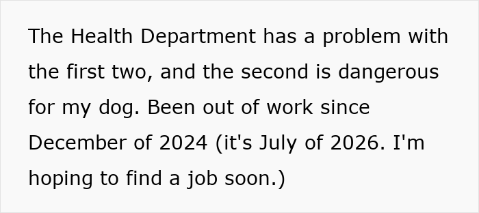 A screenshot of text explaining employment challenges due to health department rules and service dog safety.