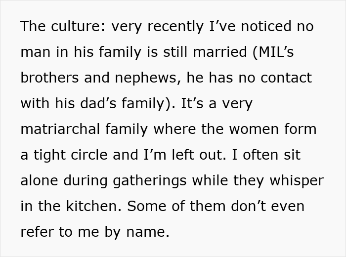 A wife feels like a third wheel in her marriage due to a MIL-dominated family culture that excludes her. A wife feels like a third wheel in her marriage due to a MIL-dominated family culture that excludes her.
