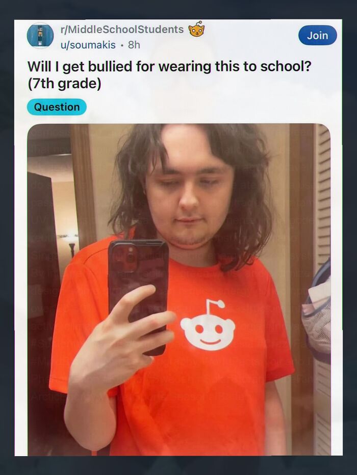 A weird meme of a Reddit post asking if someone will be bullied for wearing a Reddit logo shirt to school.
