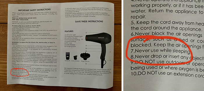Hair dryer instruction manual with highlighted dumb warning labels about unsafe usage.