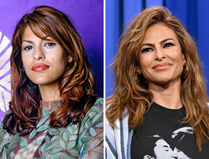 Eva Mendes pre-plastic surgery photo on left, with her post-surgery look on the right, showcasing celebrity transformation.