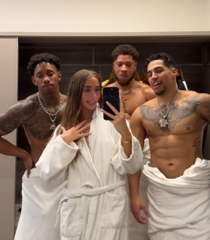 Lily Phillips in a white robe taking a mirror selfie with three men, boyfriend proud of her job. Lily Phillips in a white robe taking a mirror selfie with three men, boyfriend proud of her job.