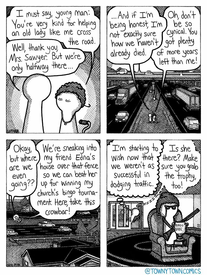 A Towny Town Comic depicting ridiculous US Midwest everyday life with an old woman and young man crossing the road for a bingo trophy.