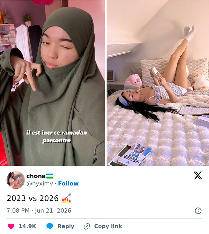 A split image showing a woman in a green hijab next to the same woman relaxing without a hijab.