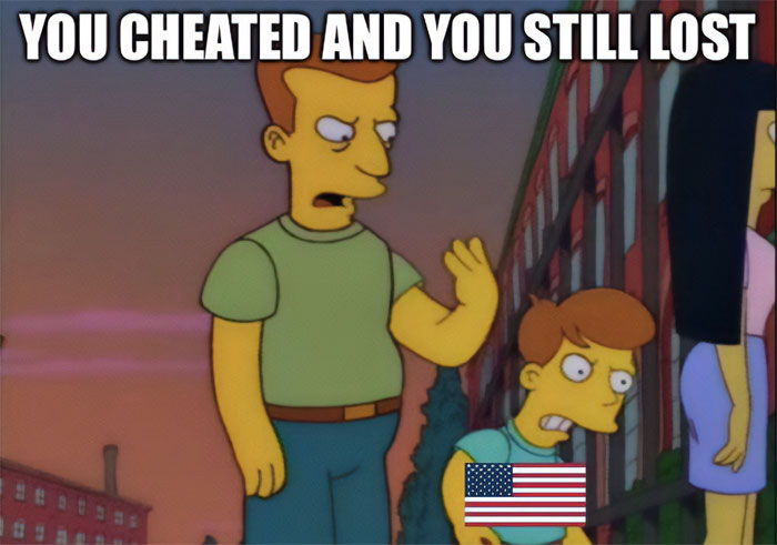 Simpsons characters in a World Cup 2026 meme about cheating and losing, featuring a US flag. This meme captures chaos from the World Cup.
